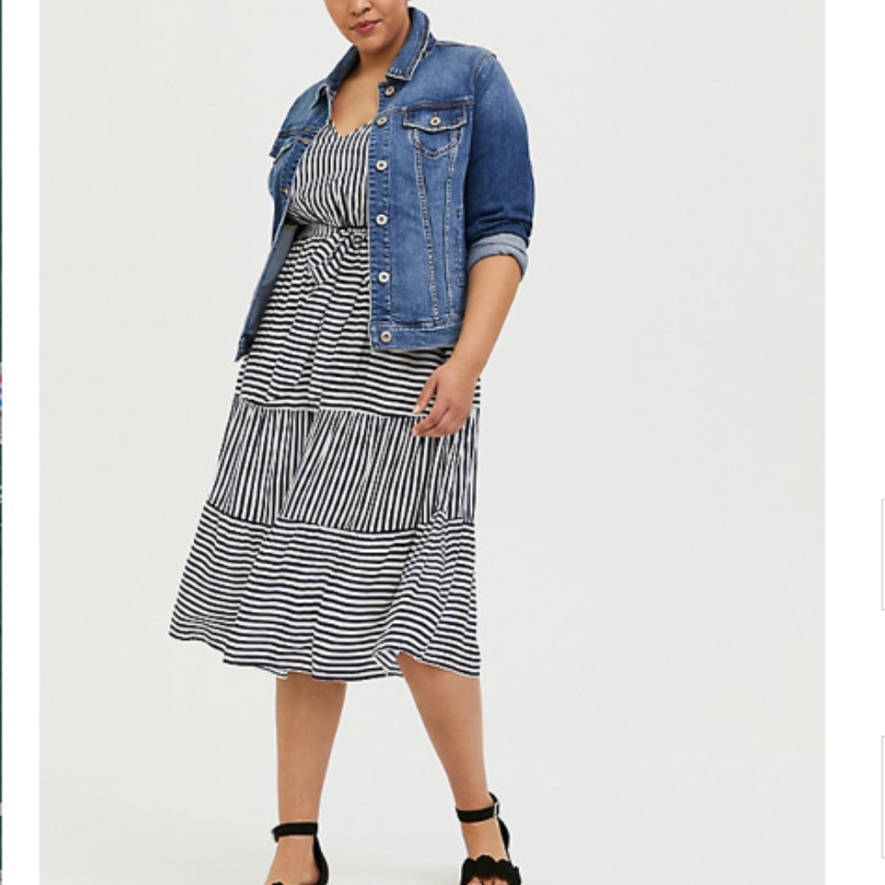 NAVY & WHITE STRIPE CHALLIS SELF TIE TIERED MIDI D